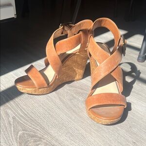Women's Tan Wedge Sandals - Leather Crisscross Straps